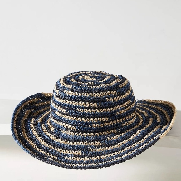 Anthropologie San Diego Hat Co Blue Straw Bucket Sun Hat Beach Resort OS NWT